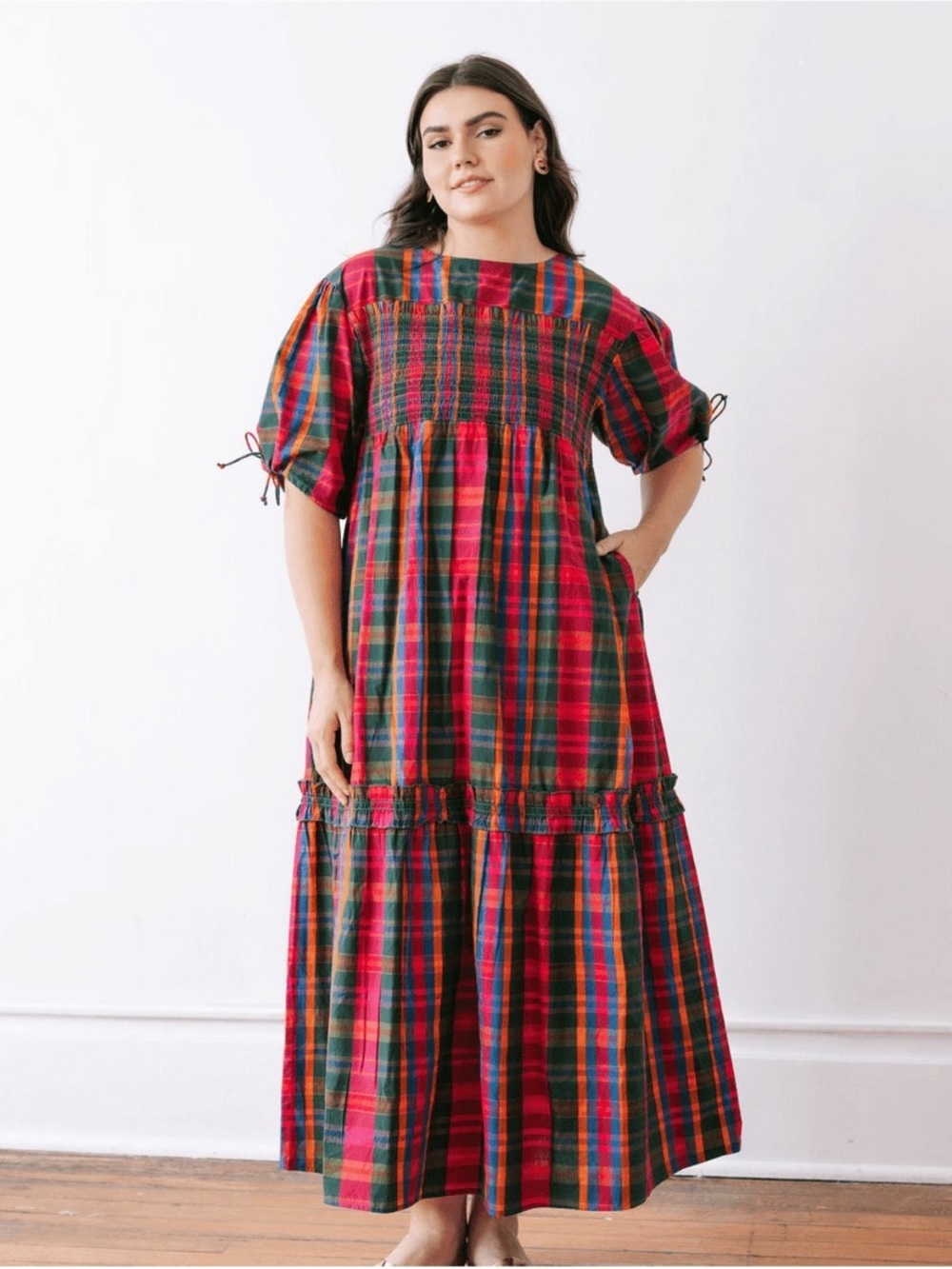 NWT Sunshine Tienda Smocked Plaid Maxi Dress in Red Multicolor, XXL (2024)